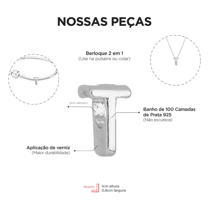 Berloque Letra T Separador Banhado a Prata 925