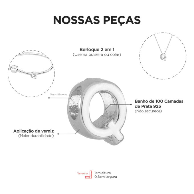 Berloque Letra Q Separador Banhado a Prata 925