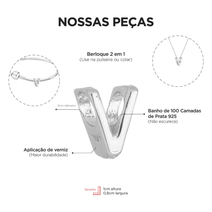Berloque Letra V Separador Banhado a Prata 925