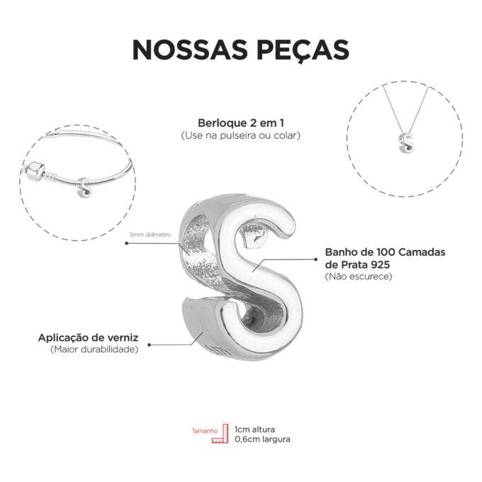 Berloque Letra S Separador Banhado a Prata 925