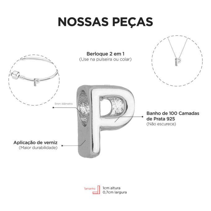 Berloque Letra P Separador Banhado a Prata 925