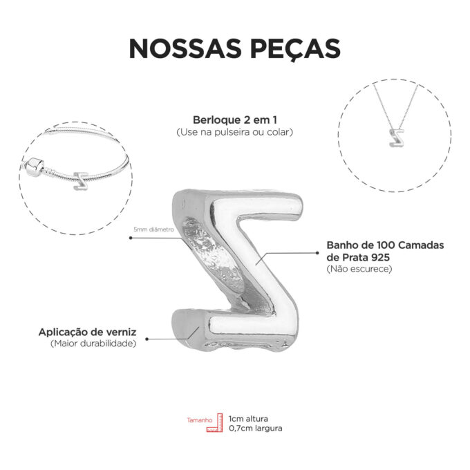 Berloque Letra Z Separador Banhado a Prata 925