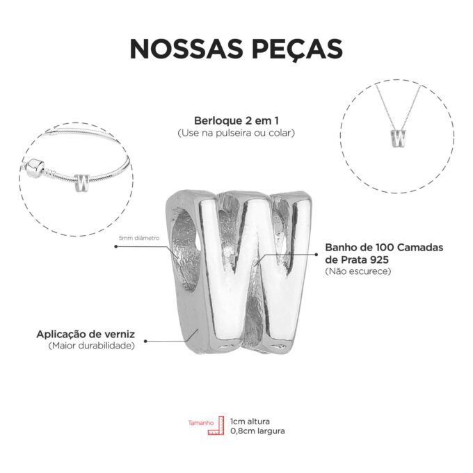 Berloque Letra W Separador Banhado a Prata 925