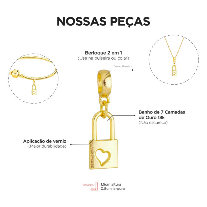 Berloque Cadeado Coração Banhado a Ouro 18k
