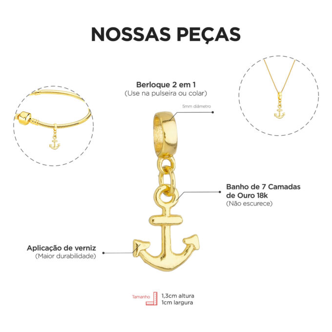 Berloque Âncora Mar Banhado a Ouro 18k