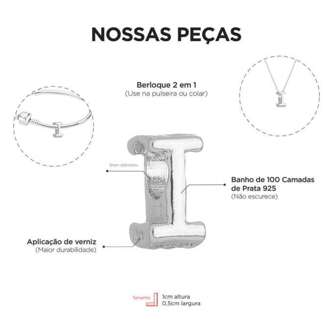 Berloque Letra I Separador Banhado a Prata 925