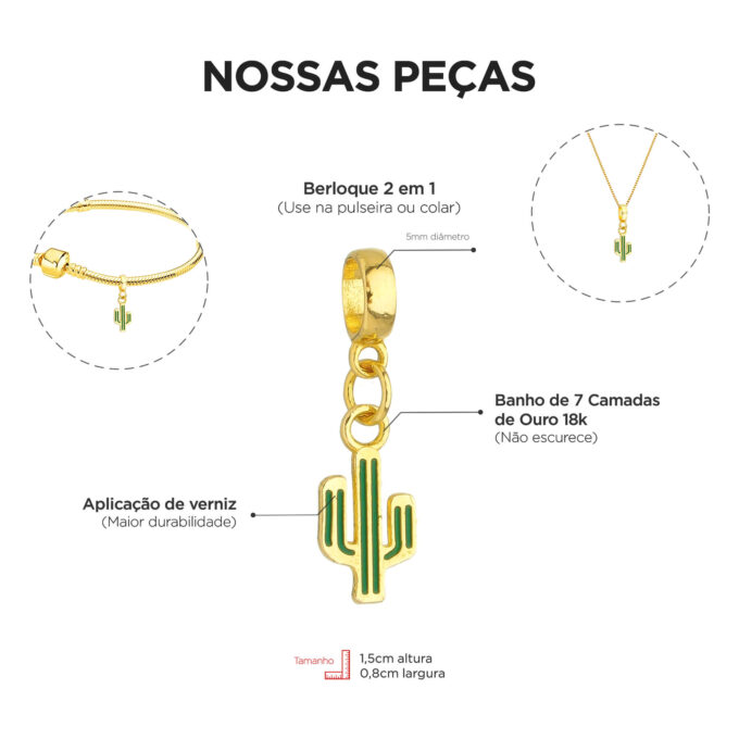 Berloque Cacto Dourado Banhado a Ouro 18k
