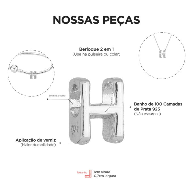 Berloque Letra H Separador Banhado a Prata 925