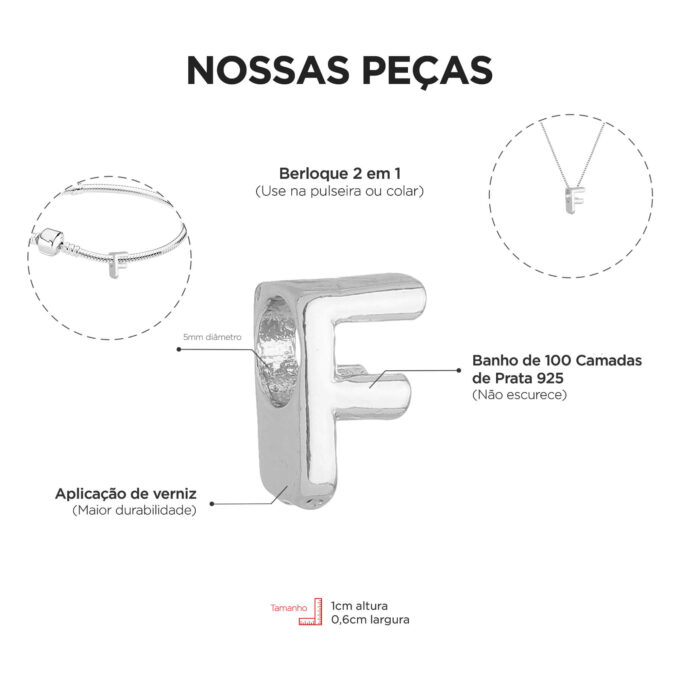 Berloque Letra F Separador Banhado a Prata 925