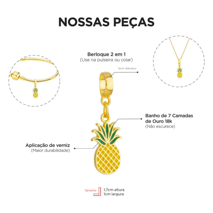 Berloque Abacaxi Fruta Banhado a Ouro 18k