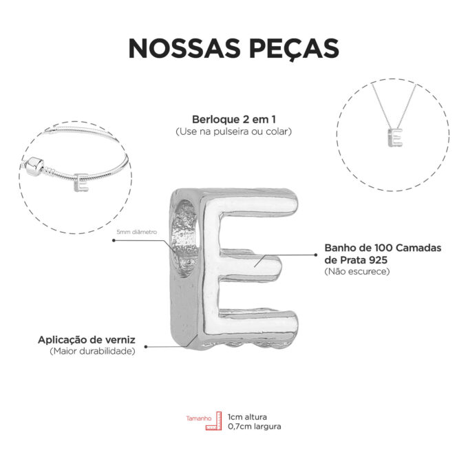 Berloque Letra E Separador Banhado a Prata 925