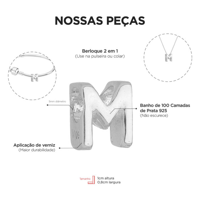 Berloque Letra M Separador Banhado a Prata 925