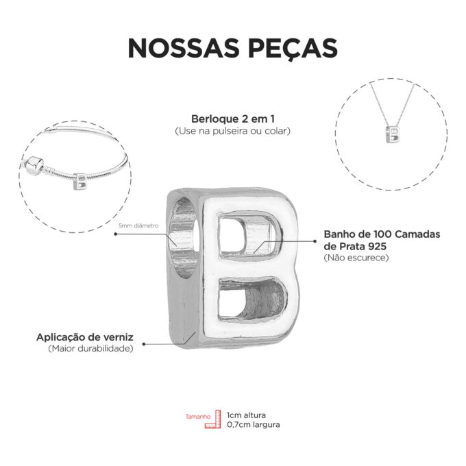 Berloque Letra B Separador Banhado a Prata 925