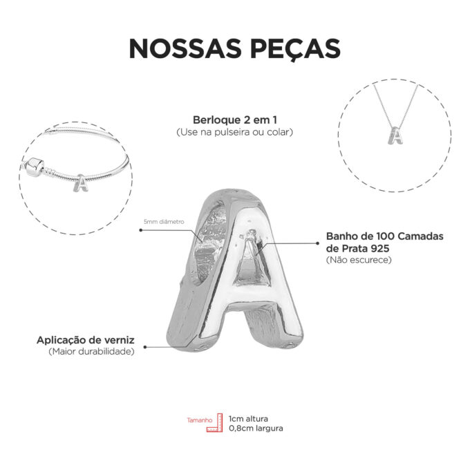 Berloque Letra A Separador Banhado a Prata 925