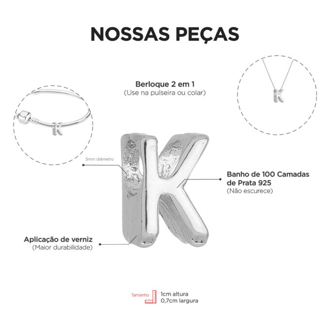 Berloque Letra K Separador Banhado a Prata 925