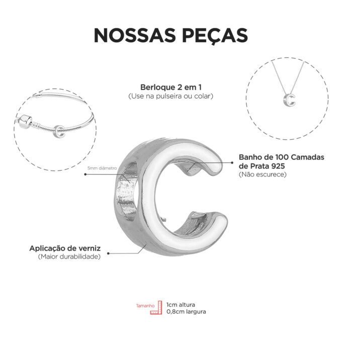 Berloque Letra C Separador Banhado a Prata 925