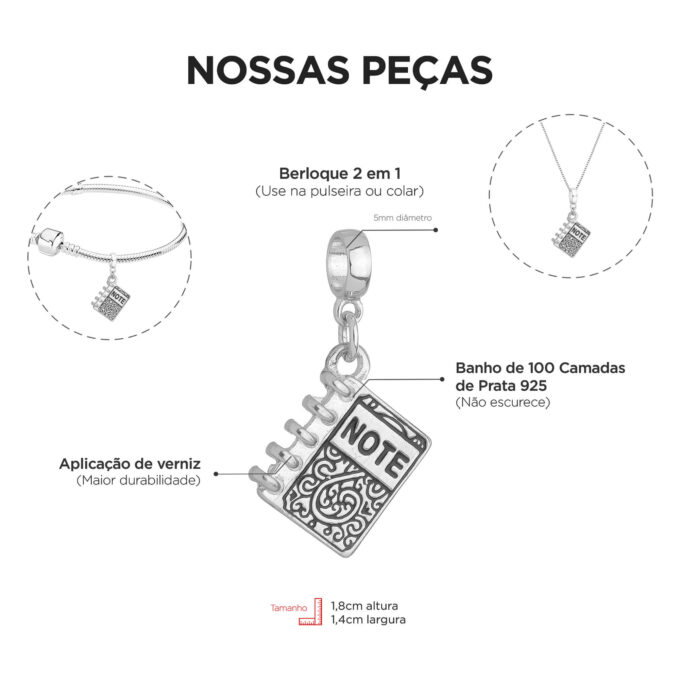 Berloque Caderno Livro Banhado a Prata 925