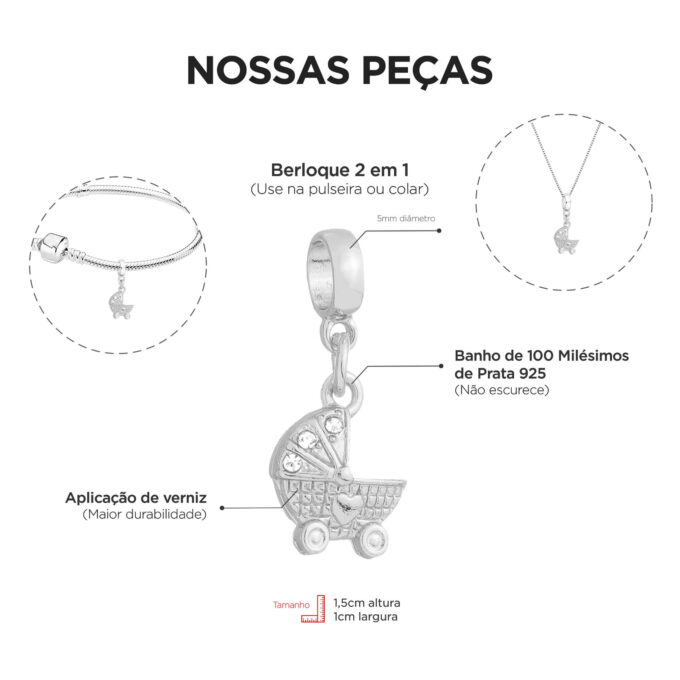 Berloque Carrinho de Bebê Banhado a Prata 925