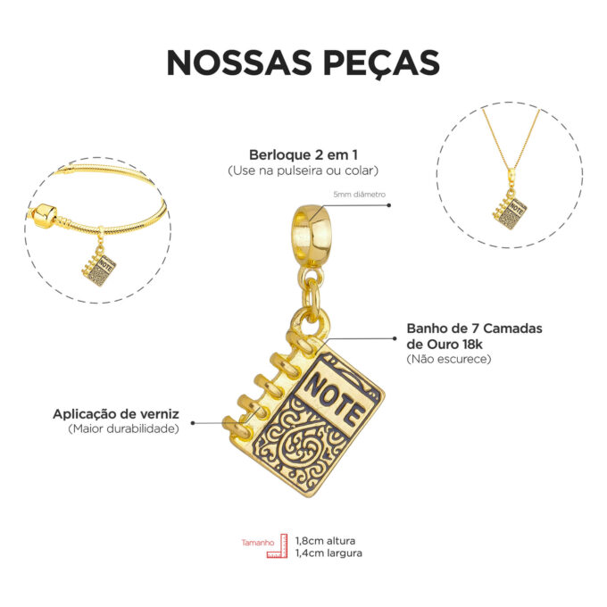 Berloque Caderno Banhado a Ouro 18k