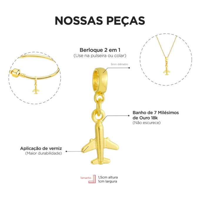 Berloque Avião Banhado a Ouro 18k