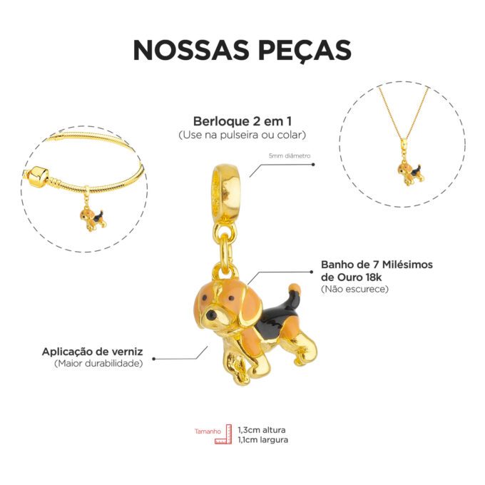 Berloque Cachorro Beagle Banhado a Ouro 18k