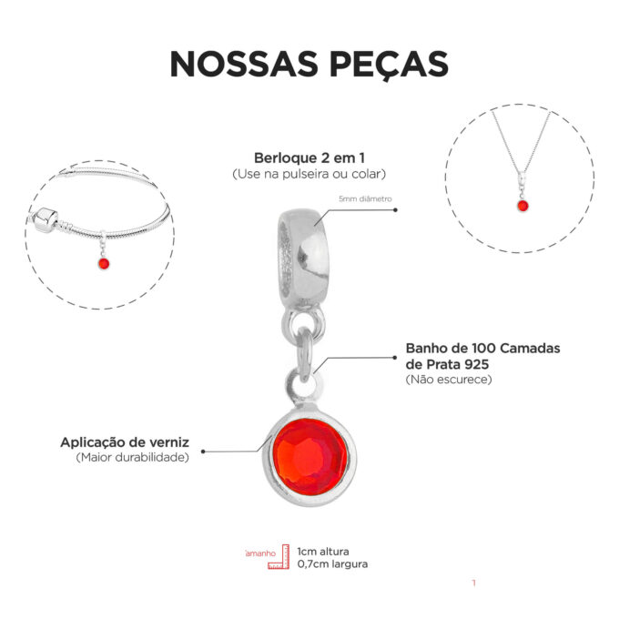 Berloque Cristal Vermelho Banhado a Prata 925