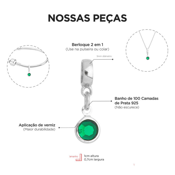Berloque Cristal Verde Banhado a Prata 925