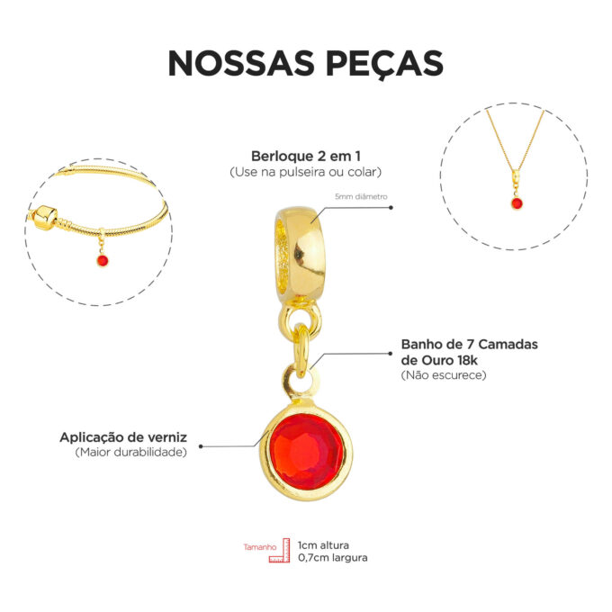Berloque Cristal Vermelho Banhado a Ouro 18k