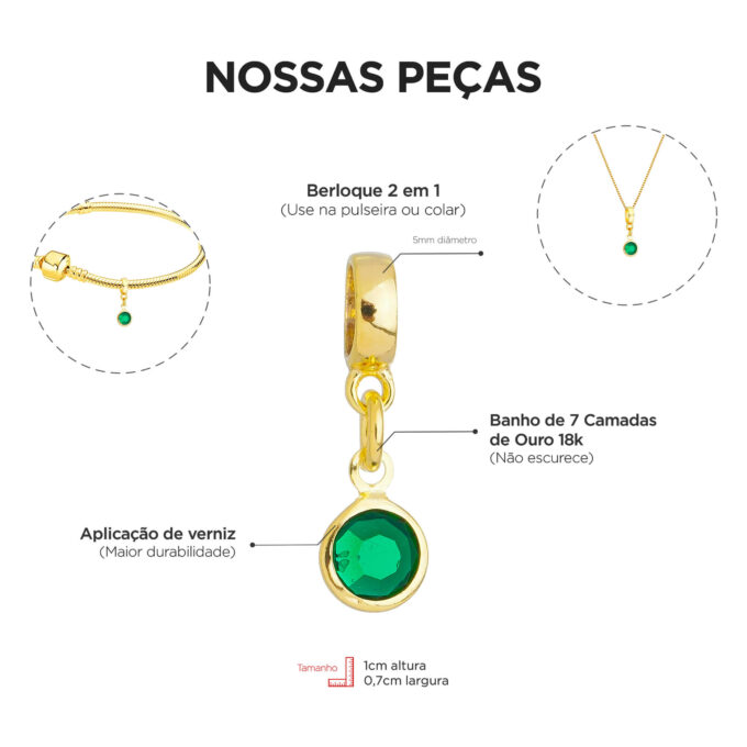 Berloque Cristal Verde Banhado a Prata 925
