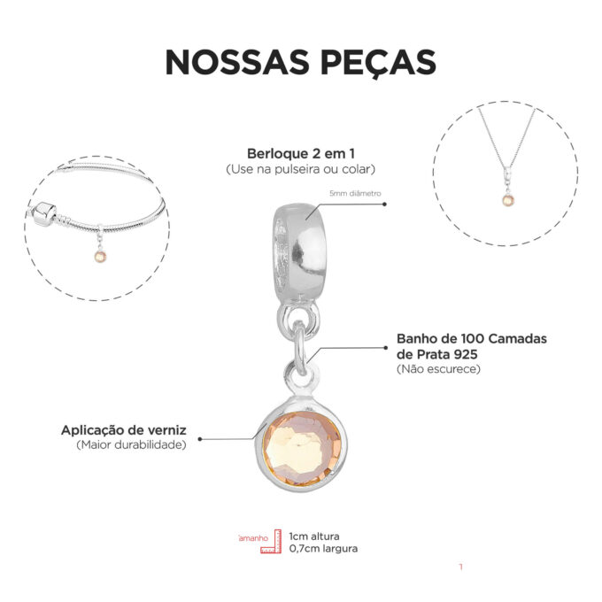 Berloque Cristal Rosa Claro Banhado a Prata 925