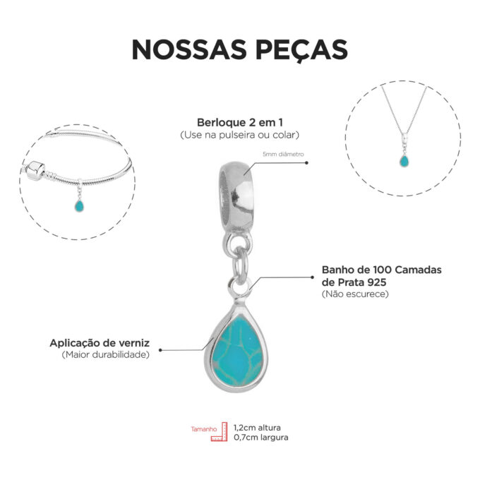 Berloque Cristal Jade Gota Banhado a Prata 925