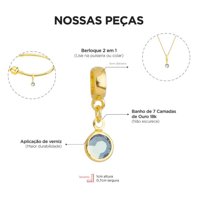 Berloque Cristal Cinza Banhado a Ouro 18k