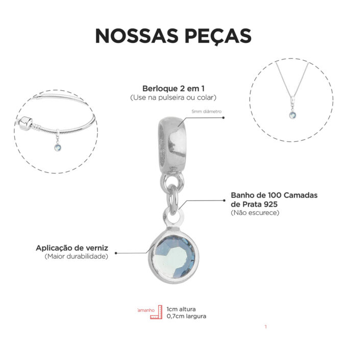 Berloque Cristal Cinza Banhado a Ouro 18k