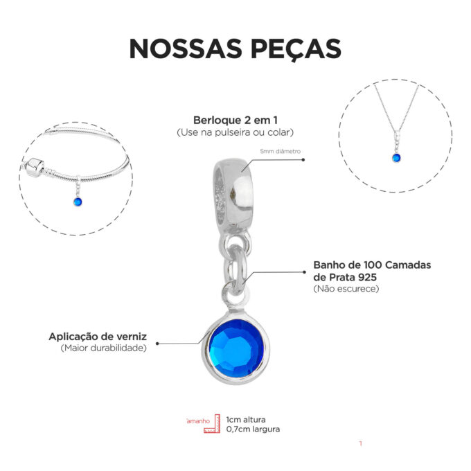 Berloque Cristal Azul Banhado a Prata 925