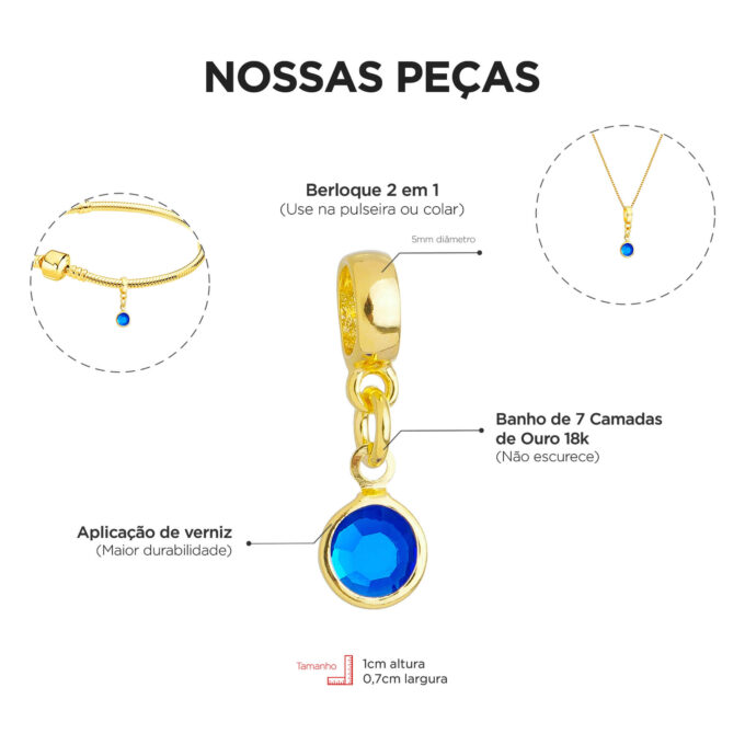 Berloque Cristal Azul Banhado a Prata 925