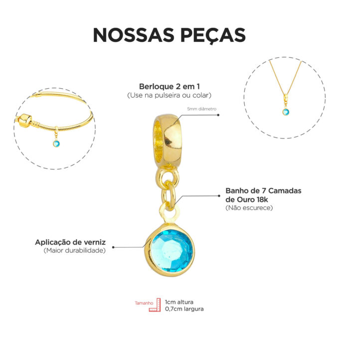 Berloque Cristal Azul Claro Banhado a Ouro 18k