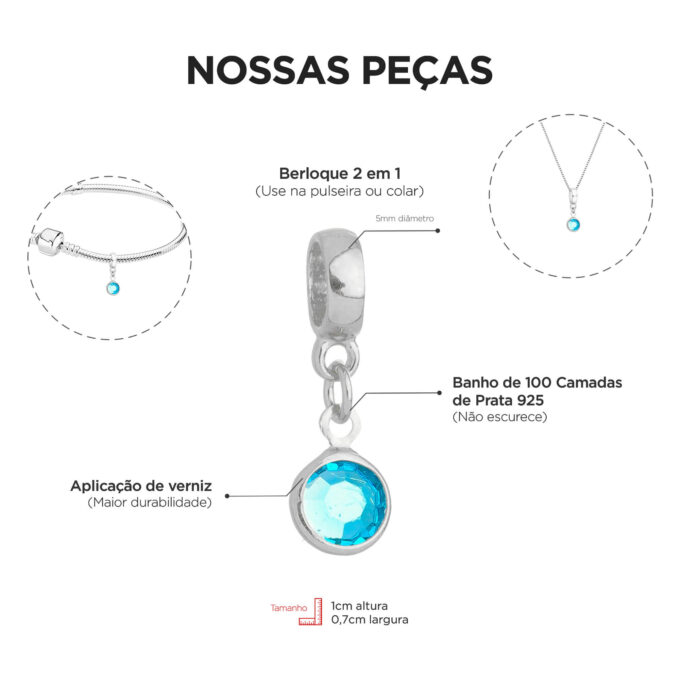 Berloque Cristal Azul Claro Banhado a Prata 925