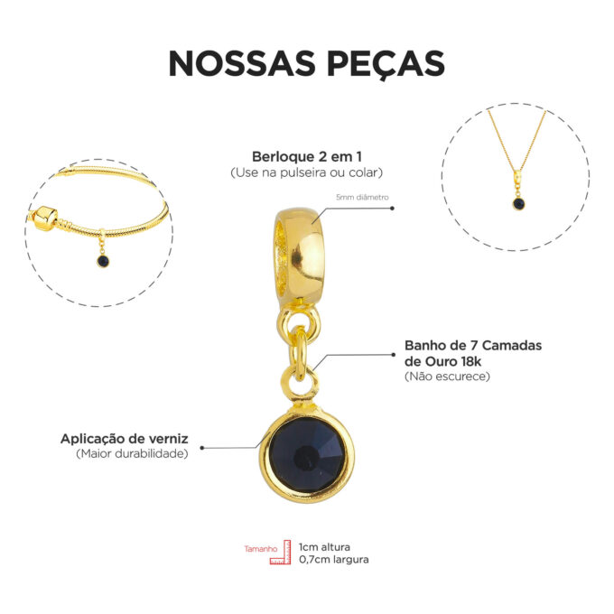Berloque Cristal Preto Banhado a Ouro 18k