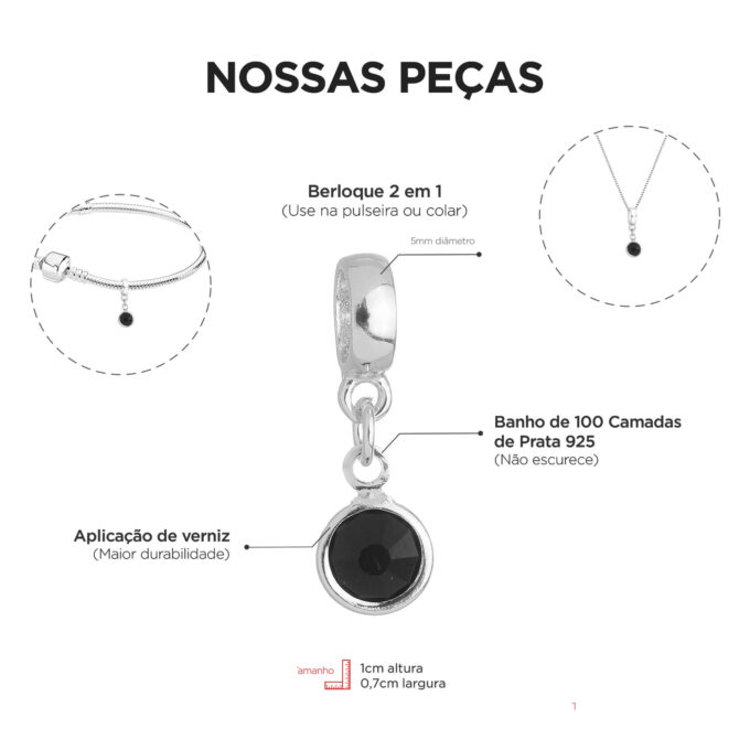 Berloque Cristal Preto Banhado a Ouro 18k