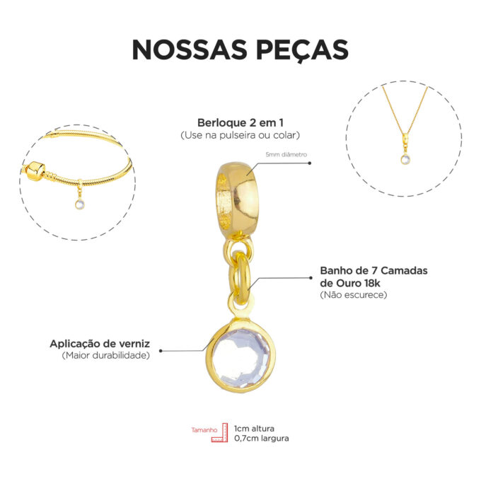 Berloque Cristal Transparente Banhado a Ouro 18k