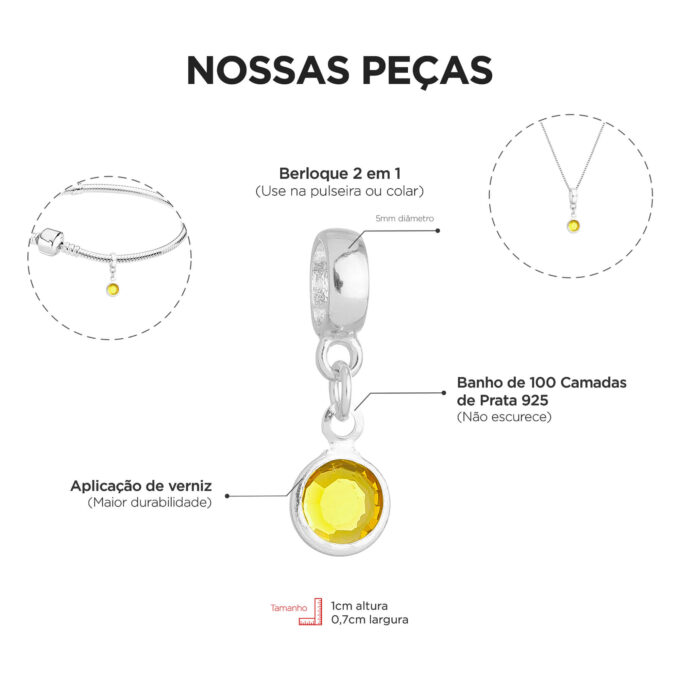 Berloque Cristal Amarelo Banhado a Prata 925