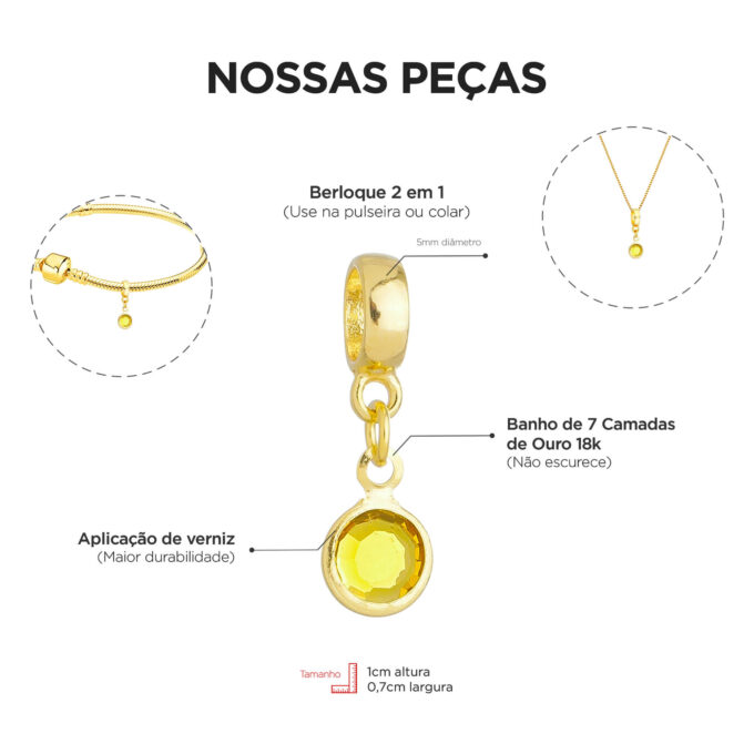 Berloque Cristal Amarelo Banhado a Ouro 18k