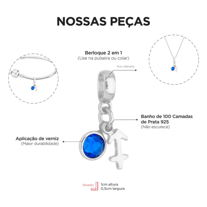 Berloque Signo Sagitário com Strass Banhado a Prata 925