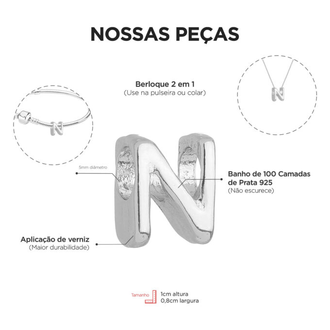 Berloque Letra N Separador Banhado a Prata 925