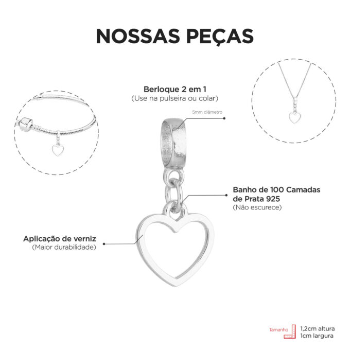 Berloque Coração Vazado Banhado a Prata 925