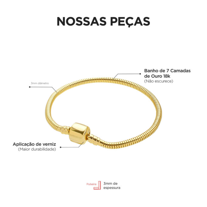 Pulseira Para Berloque Fecho Tambor Banhado a Ouro 18k