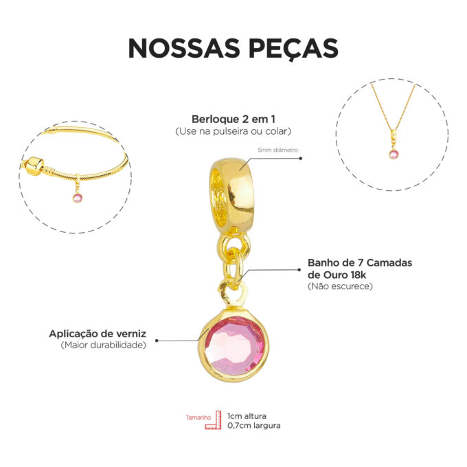 Berloque Cristal Rosa Banhado a Ouro 18k