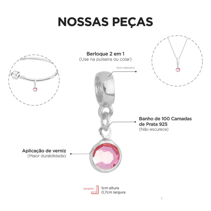 Berloque Cristal Rosa Banhado a Ouro 18k
