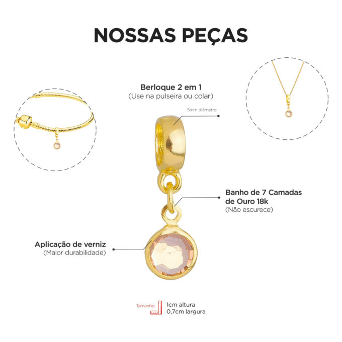 Berloque Cristal Rosa Claro Banhado a Ouro 18k