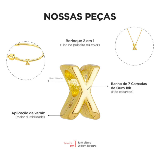 Berloque Letra X Separador Banhado a Prata 925